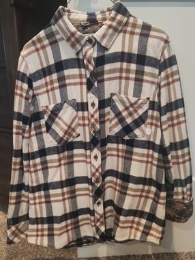 Soft Plaid Flannel Button-Down Shirt - Cream, Brown, Rust & Navy